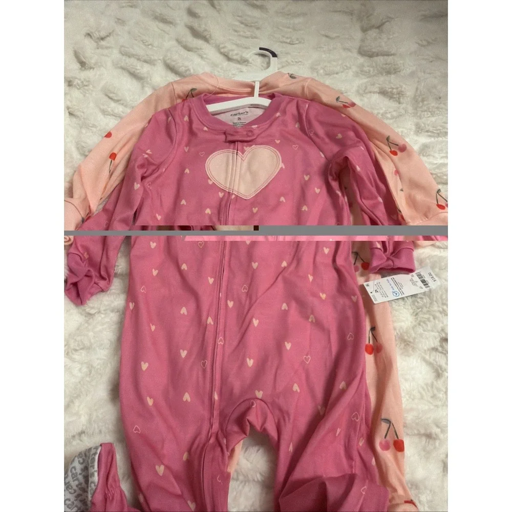 Toddler Girls' Carter's 2-Pack Pink Heart & Cherry Footie Pajamas Size 2T NWT